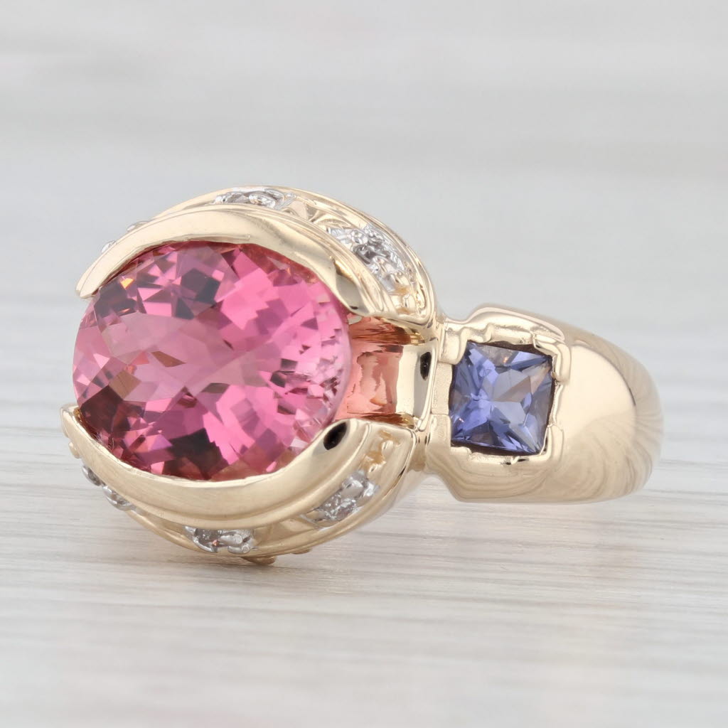 Light Gray 6.50ctw Pink Tourmaline Iolite Diamond Ring 14k Yellow Gold Size 9