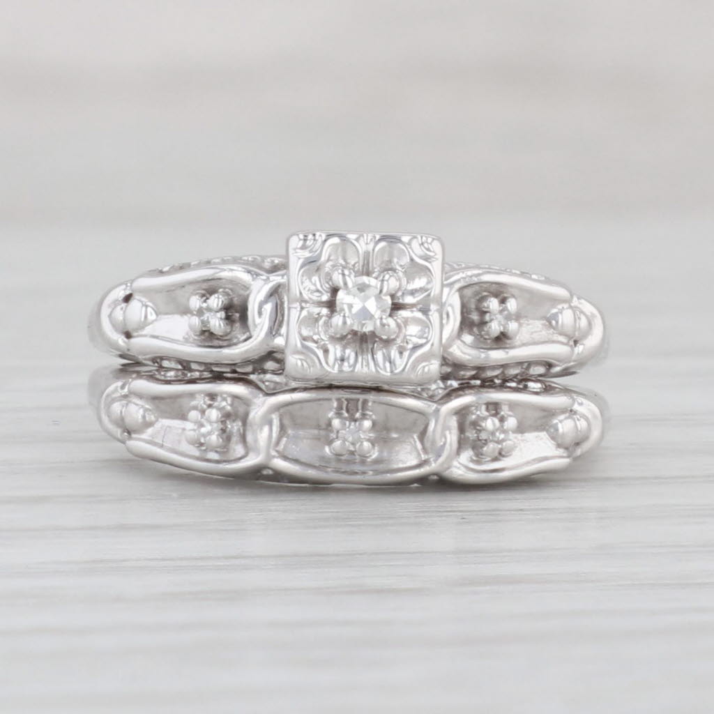 Light Gray Vintage Diamond Engagement Ring Wedding Band Bridal Set 14k White Gold