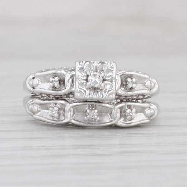 Light Gray Vintage Diamond Engagement Ring Wedding Band Bridal Set 14k White Gold