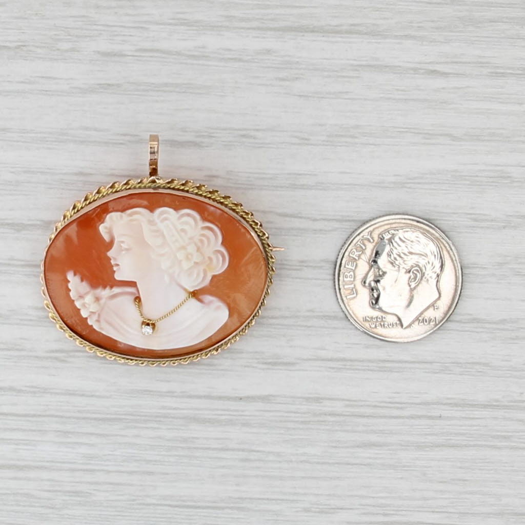 Vintage Carved Shell Cameo Brooch Convertible Pendant 14k Gold Diamond Pin