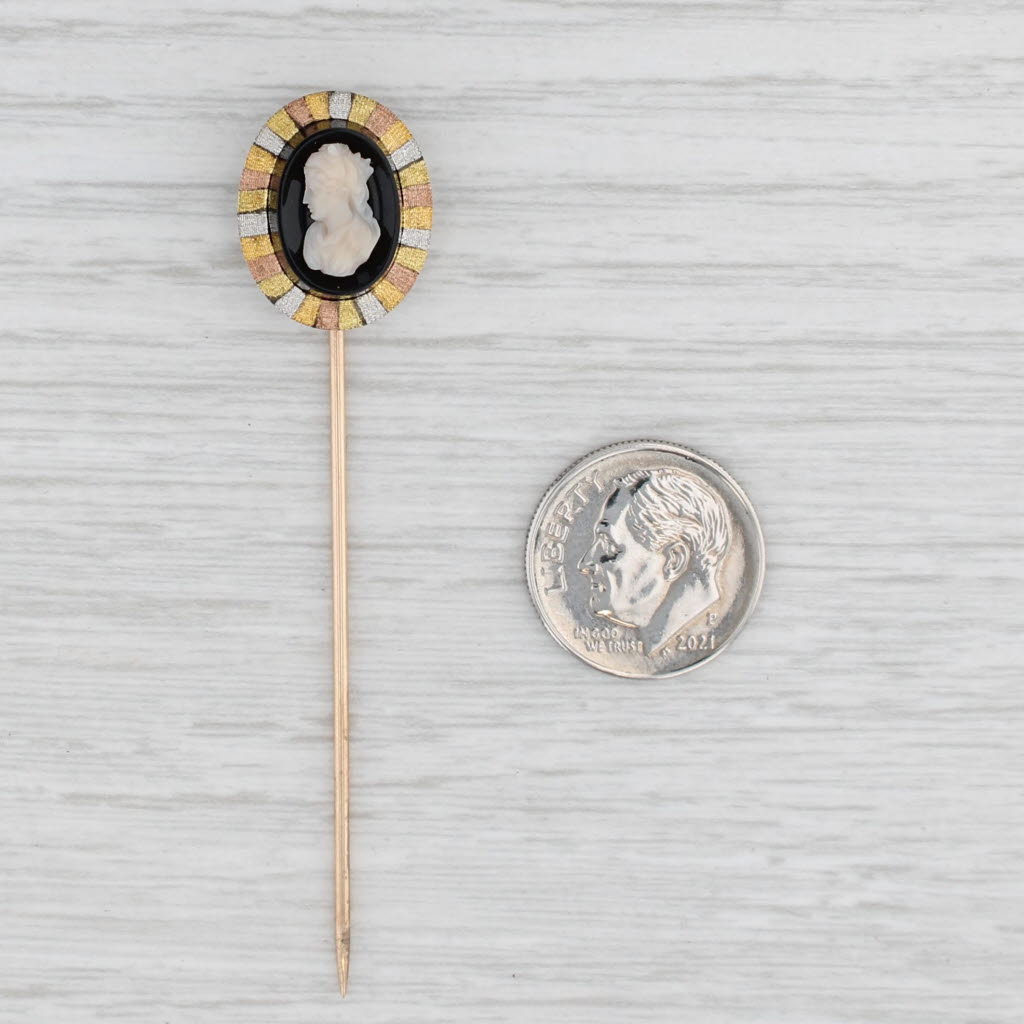 Light Gray Antique Onyx Carved Shell Cameo Stickpin 10k Gold Figural Tri-Toned Gold