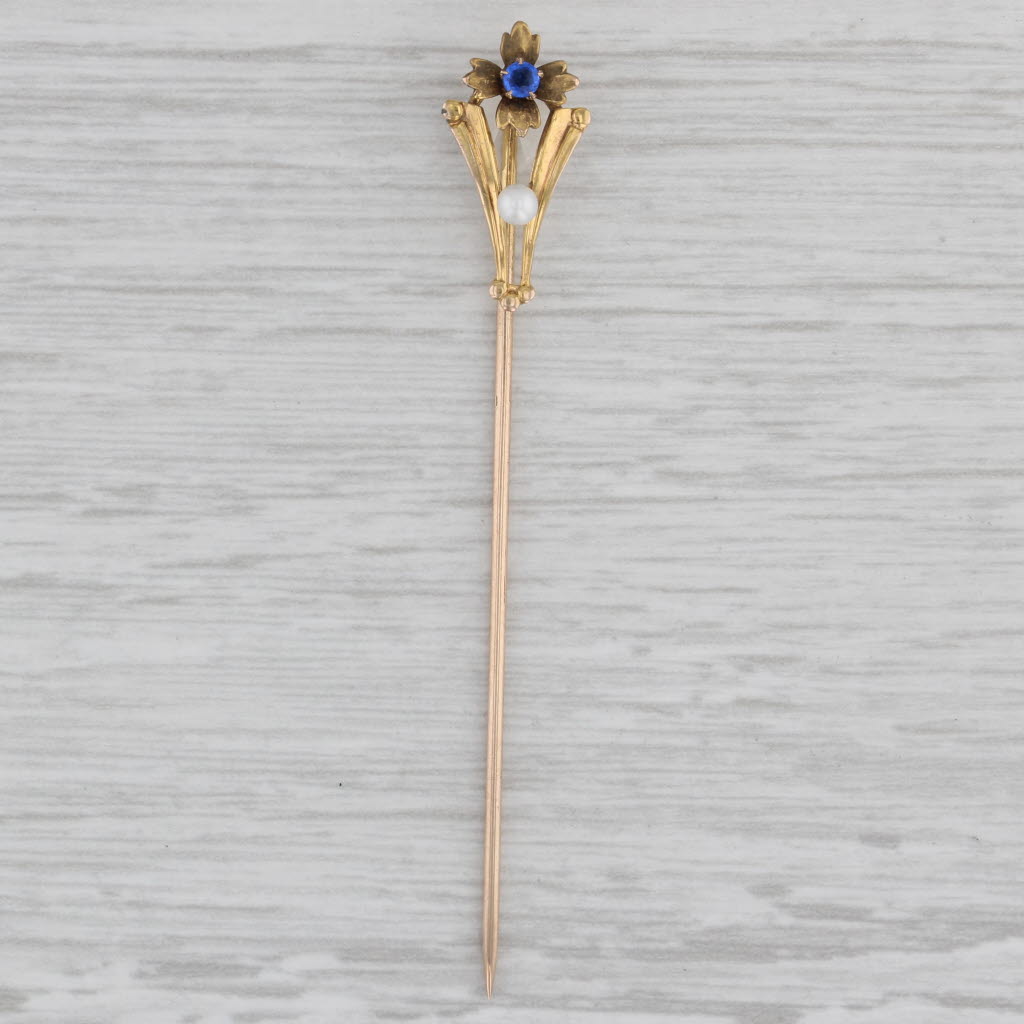 Gray Antique Lab Created Sapphire Pearl Flower Stickpin 10k Yellow Gold Floral