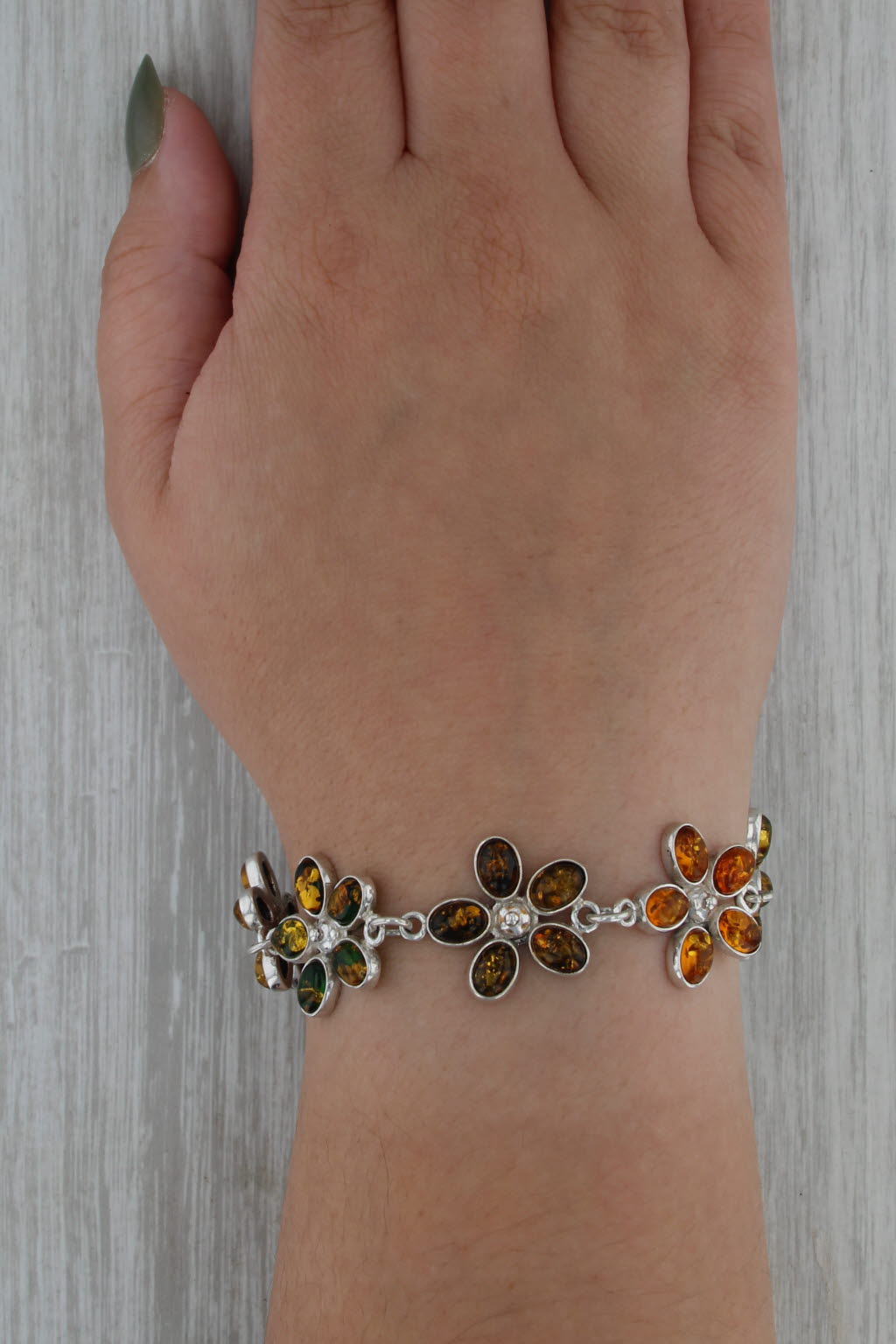 7.25" Amber Flower Link Bracelet Sterling Silver Floral Statement