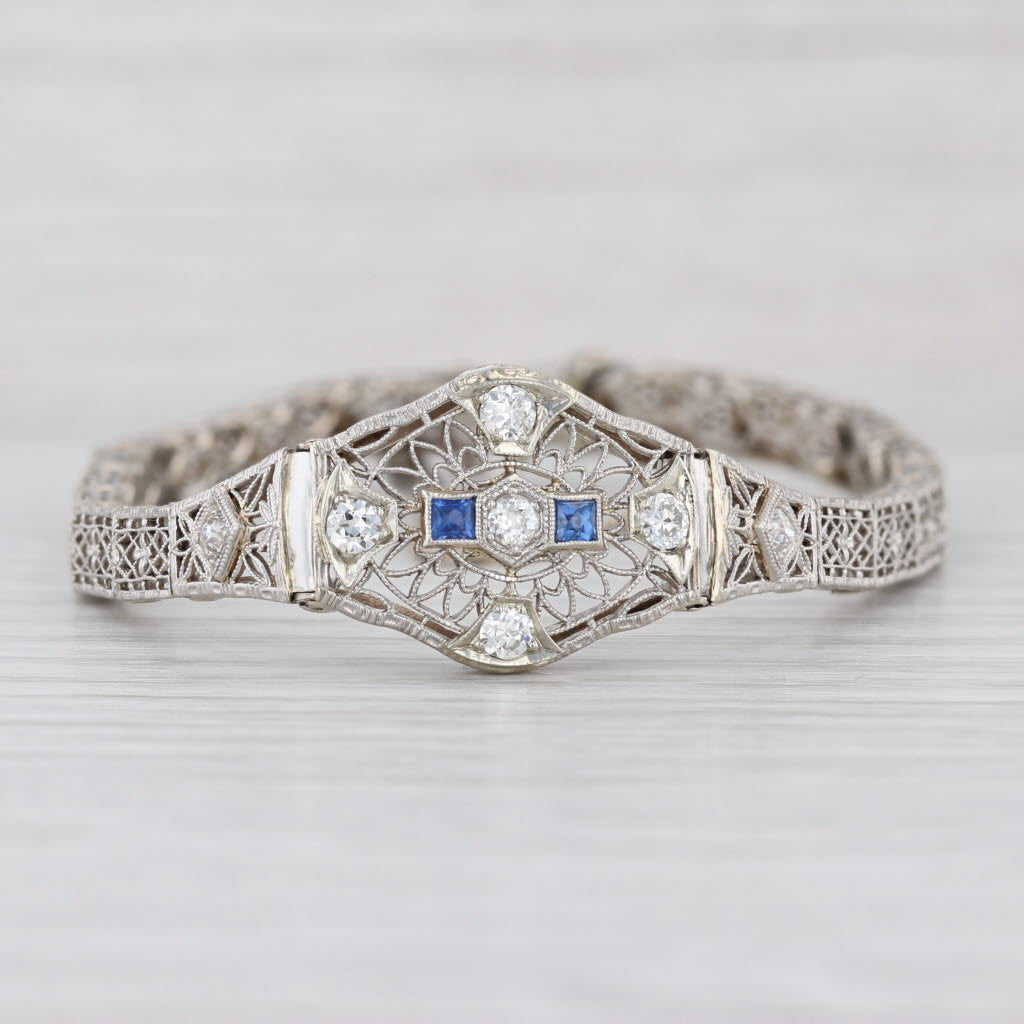 Art Deco Filigree 0.48ctw Diamond Sapphire Bracelet 14k Gold Platinum 6.75"