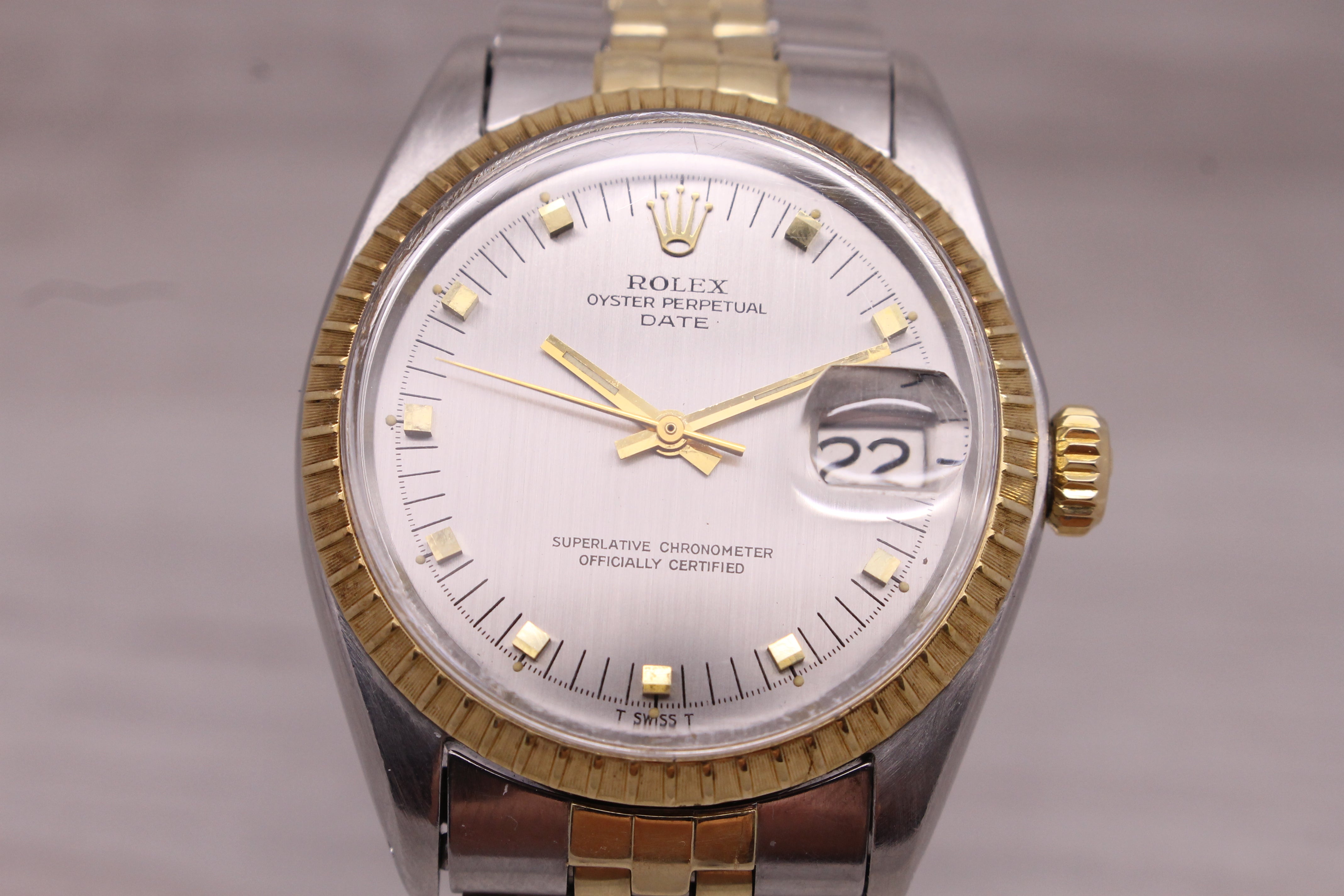 Rosy Brown Vintage 1969 Rolex Date 1505 Mens 14k Steel Automatic Watch Jubilee w Box Papers