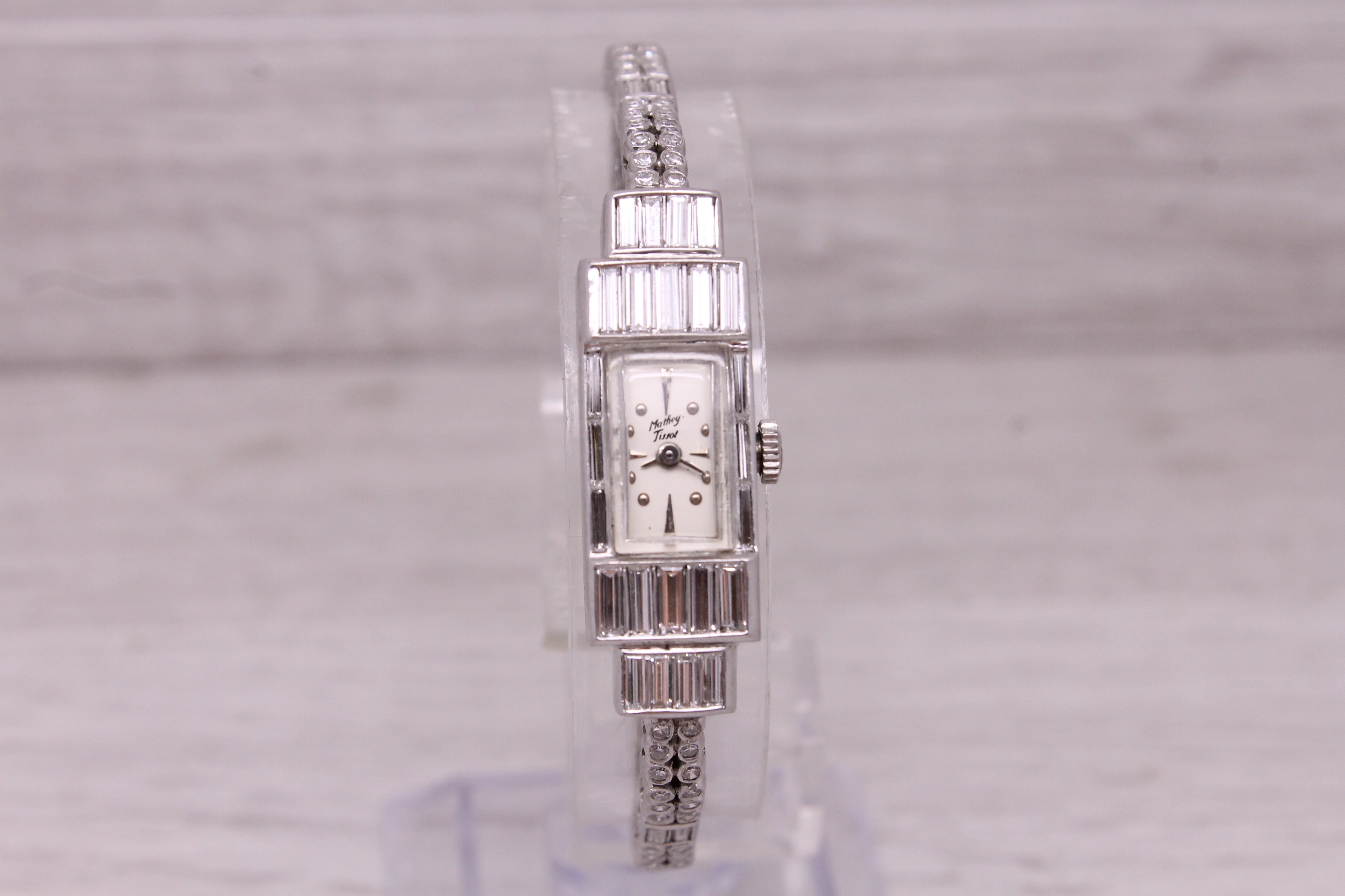 Dark Gray Vintage 1950s Mathey Tissot Platinum 3ctw Diamond Ladies Cocktail Watch Serviced