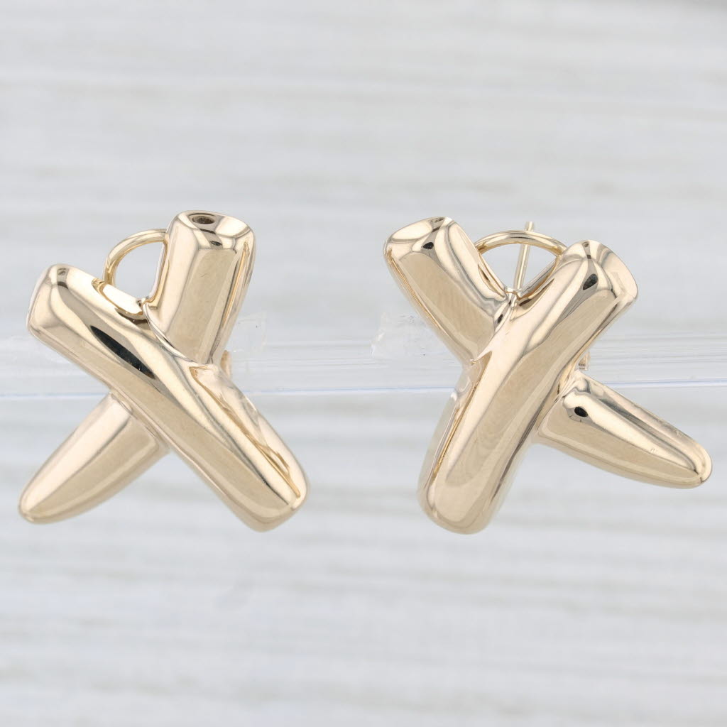 Light Gray Abstract X Earrings 14k Yellow Gold Pierced Omega Back Drops