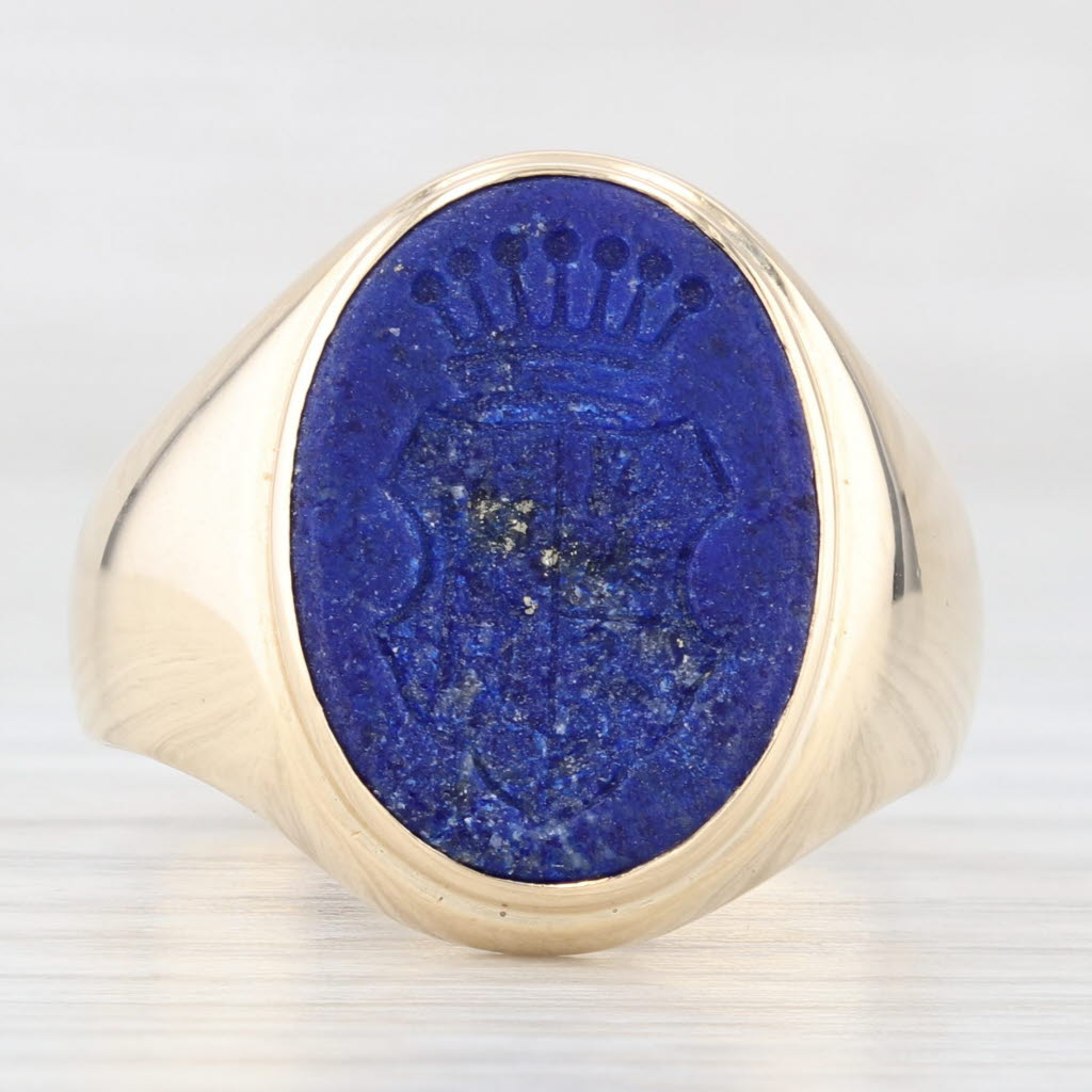 Lapis Lazuli Carved Intaglio Ring 14k Yellow Gold Size 10.75 Signet Coat of Arms