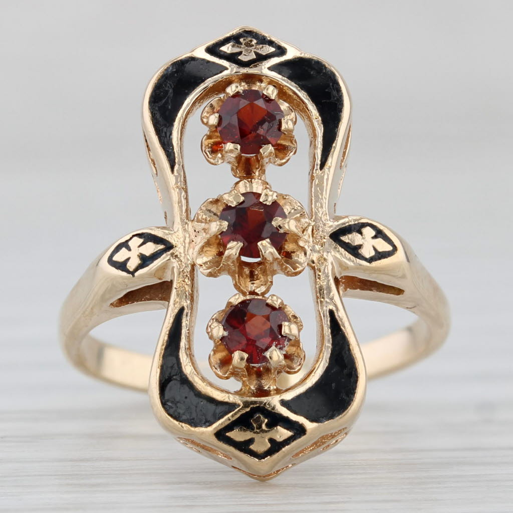 Light Gray Antique 0.40ctw 3-Stone Garnet Enamel Ring 12k Yellow Gold Size 5.5