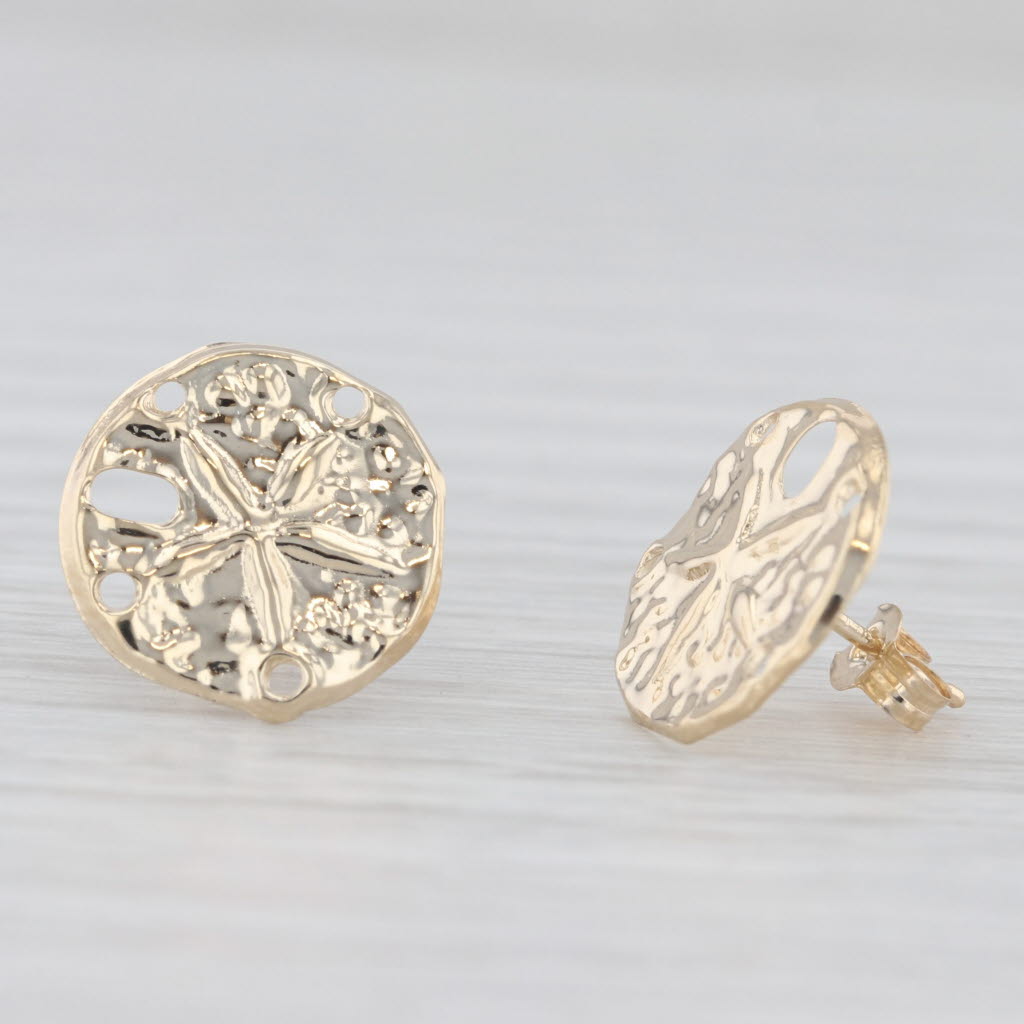 Light Gray Sand Dollar Stud Earrings 14k Yellow Gold Nautical Jewelry