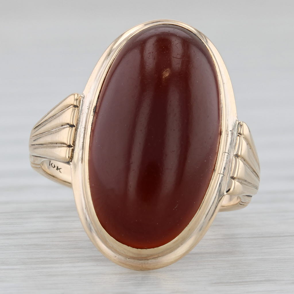 Gray Sardonyx Carnelian Oval Cabochon Solitaire Ring 10k Yellow Gold Sz 7.75 Vintage