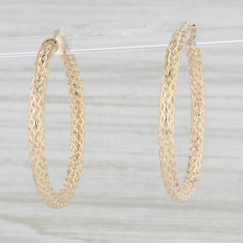 Light Gray Textured Hollow Hoop Earrings 14k Yellow Gold Snap Top Round Hoops