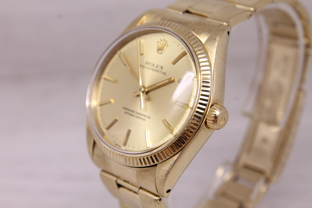 Vintage 1982 Rolex Oyster Perpetual 1005 34mm 14k Yellow Gold w Rivet Bracelet