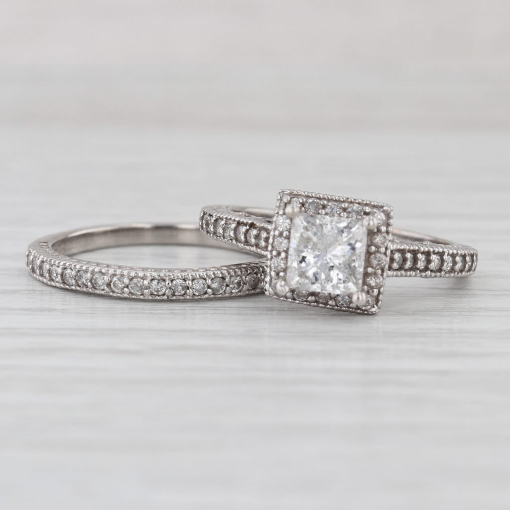 1.50ctw Princess Diamond Halo Engagement Ring Wedding Band Set 14k White Gold