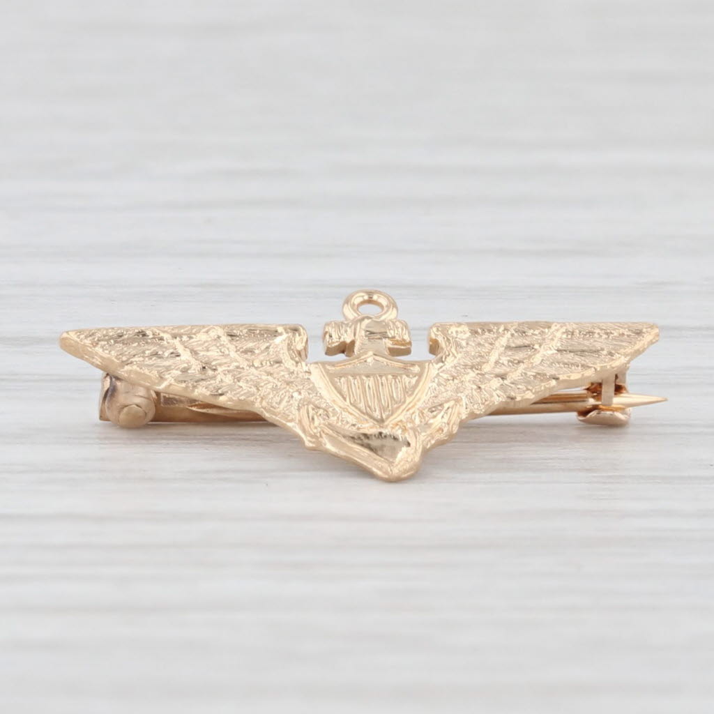 Light Gray Vintage Winged Anchor Shield Pin 14k Yellow Gold Military Badge