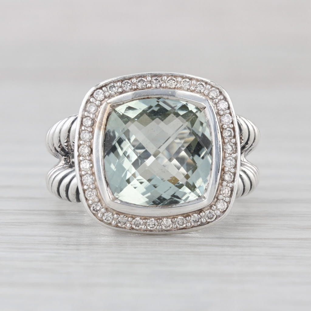 David Yurman 11mm Albion Ring Diamond Prasiolite Green Amethyst Sterling Silver