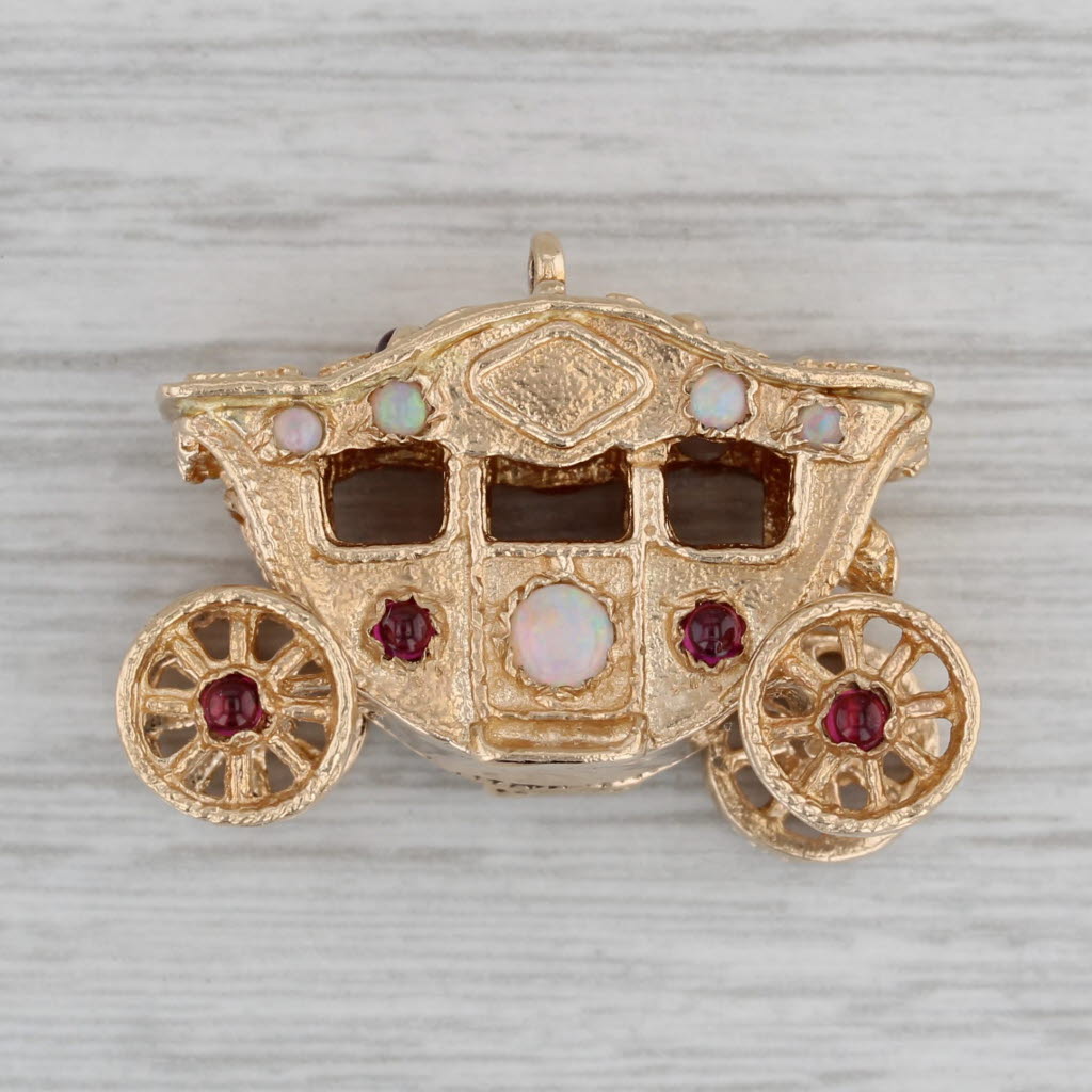 Gray Vintage Gemstone Princess Carriage Charm 14k Gold Wheels Move Opal Garnet