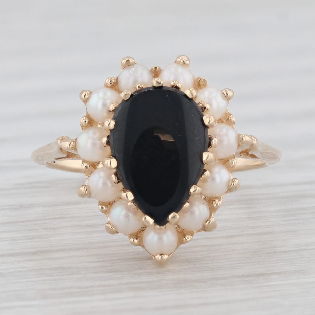 Light Gray Pear Onyx Pearl Halo Ring 14k Yellow Gold Size 5.5