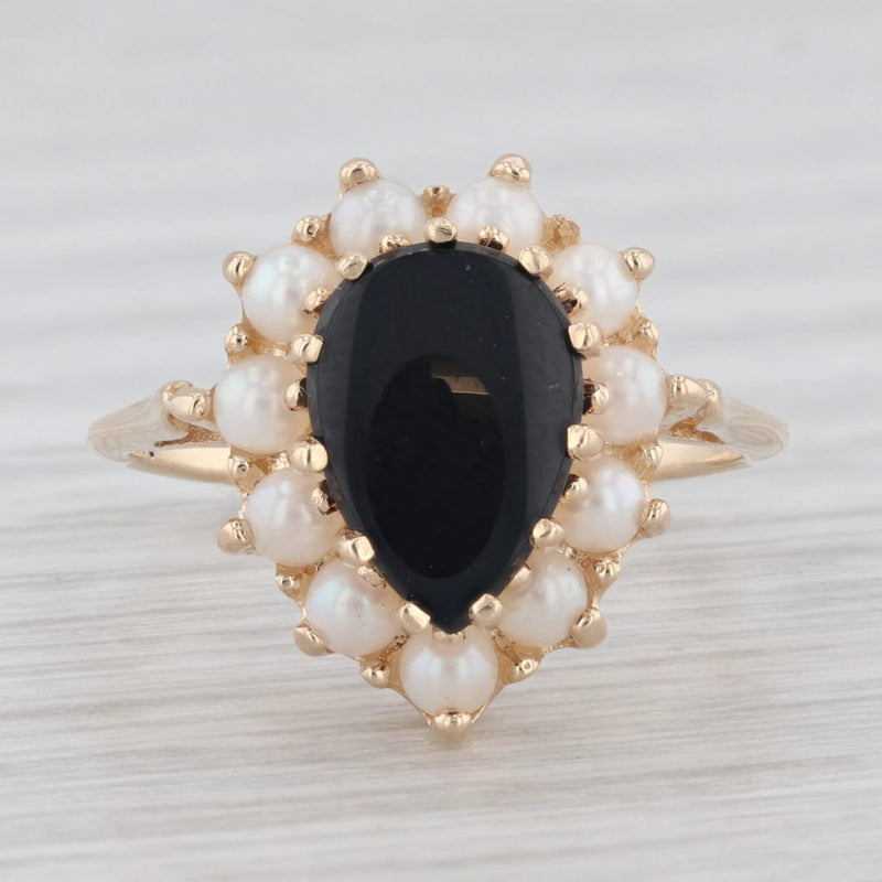 Pear Onyx Pearl Halo Ring 14k Yellow Gold Size 5.5