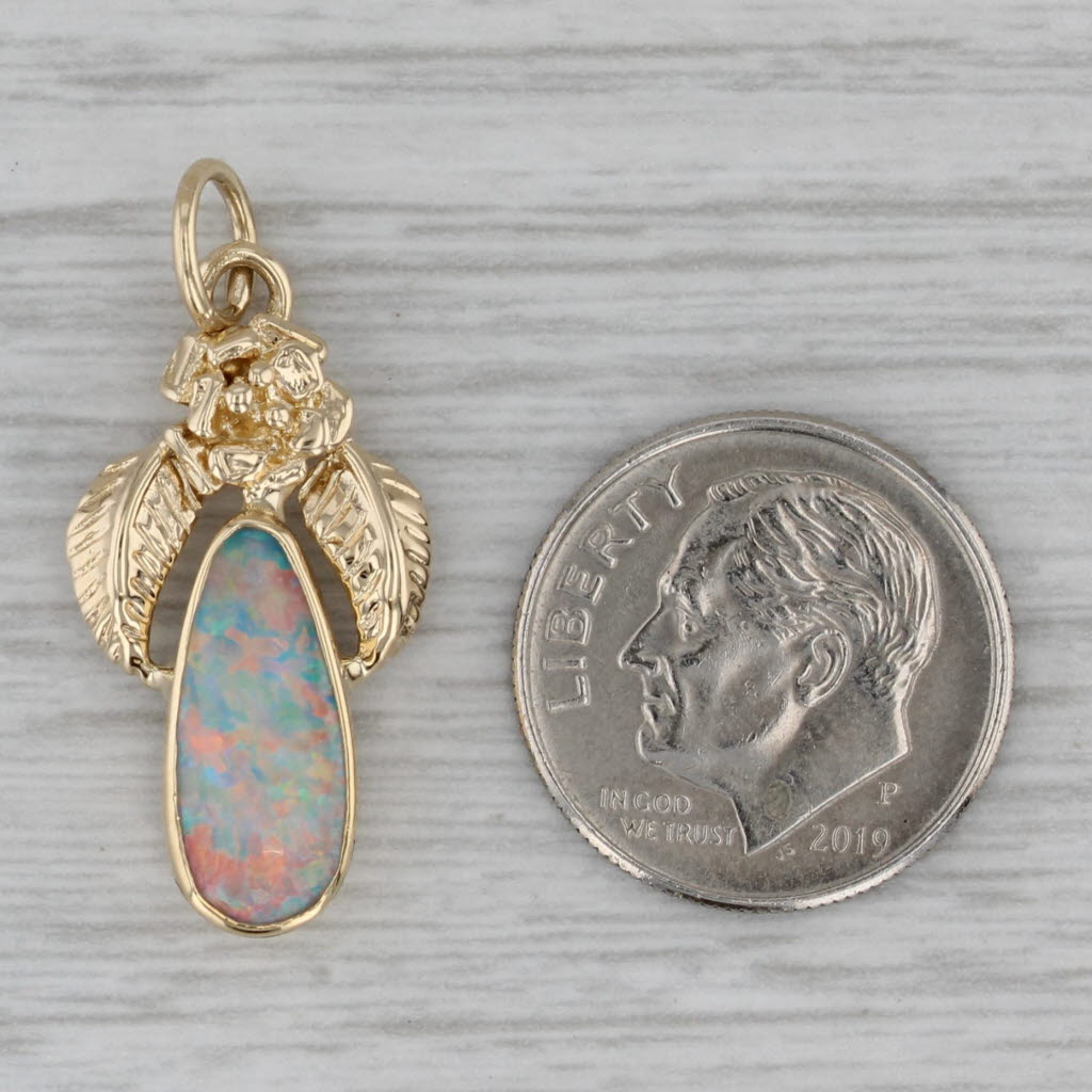 Dark Gray Custom Artisan Opal Flower Pendant 14k Yellow Gold Pear Cabochon Charm