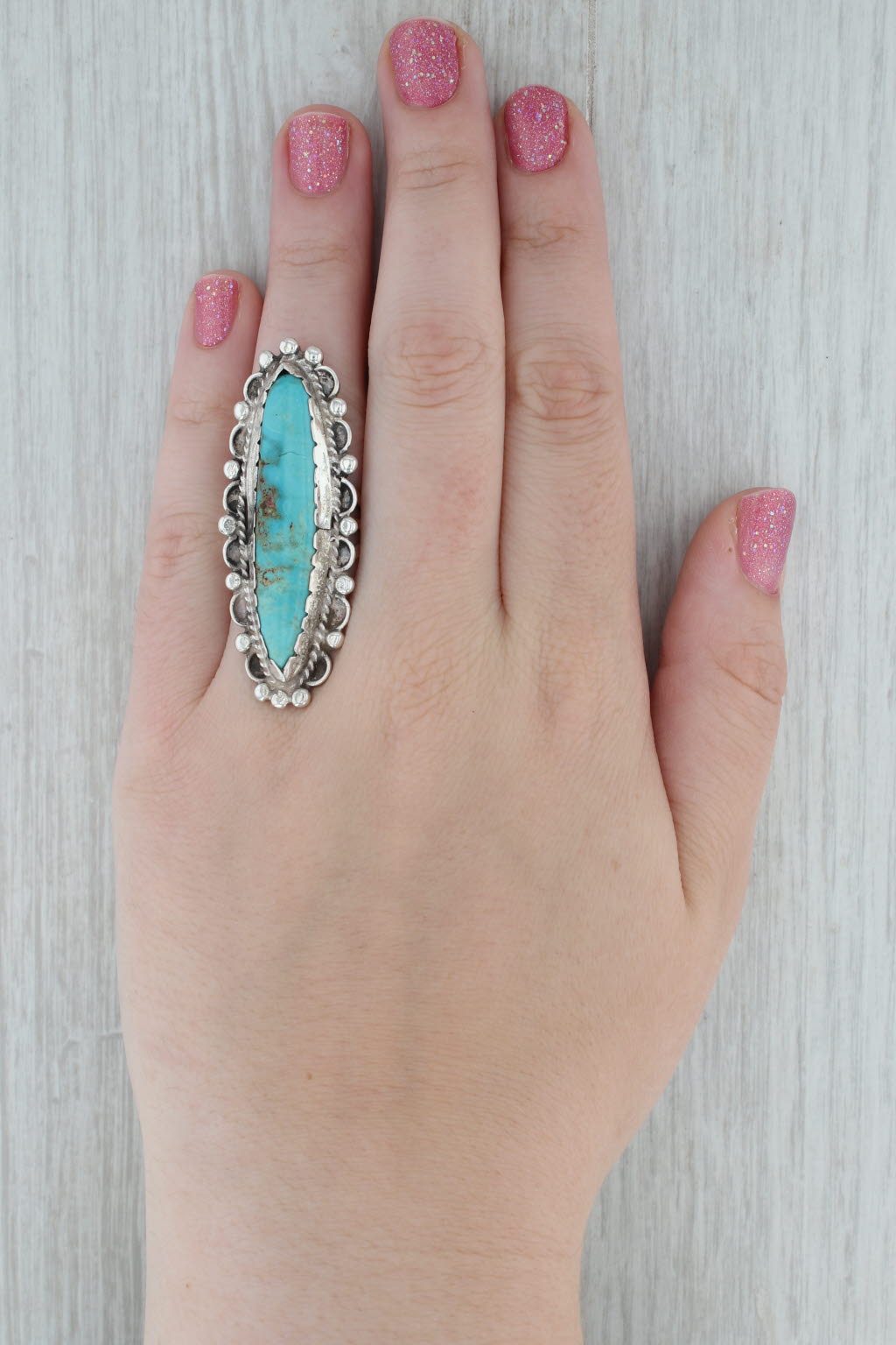 Dark Gray Native American Turquoise Ring Sterling Silver Marquise Cabochon Statement