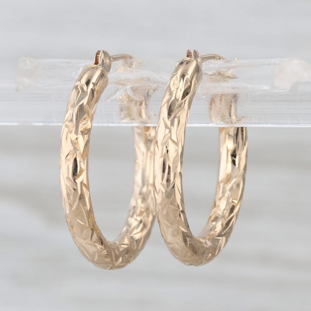 Small Etched Hoop Earrings 10k Yellow Gold Snap Top Round Hoops 19 x 2.4 mm
