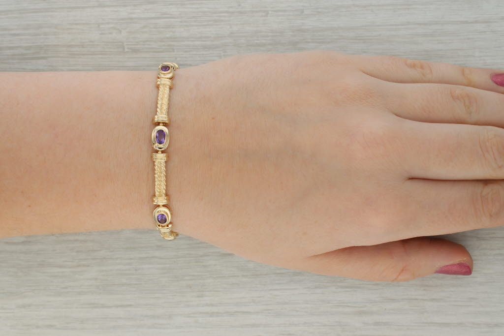 Rosy Brown 2.50ctw Amethyst Bar Link Bracelet 14k Yellow Gold 7.25" 7mm