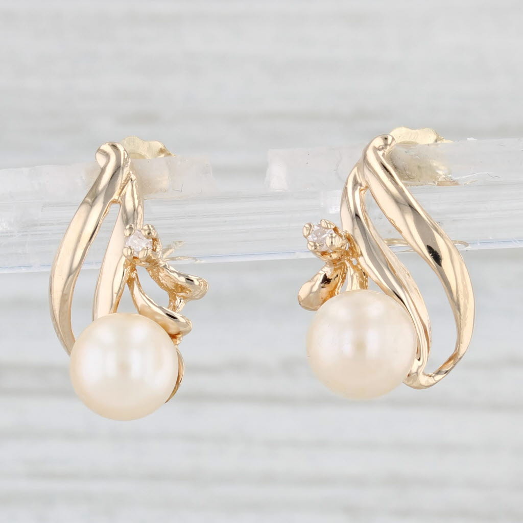 Light Gray Cultured Pearl Diamond Teardrop Earrings 10k Yellow Gold Pierced Drops