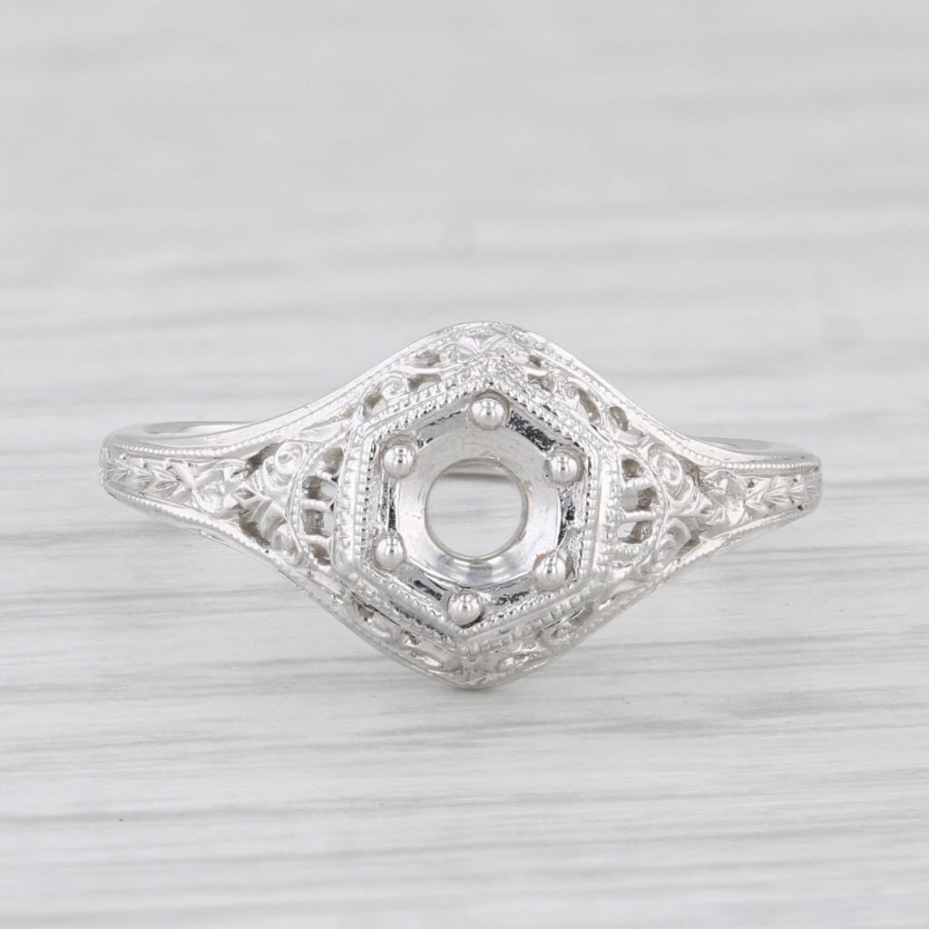 Light Gray New Semi Mount Engagement Ring 18k White Gold Size 6.5 Round Setting Filigree