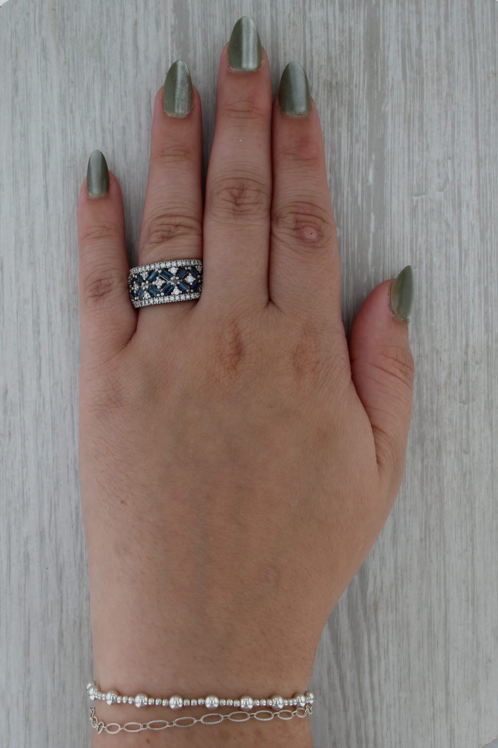 2.10ctw Blue Sapphire Diamond Ring 14k White Gold Size 8.5 Wide Band Cocktail