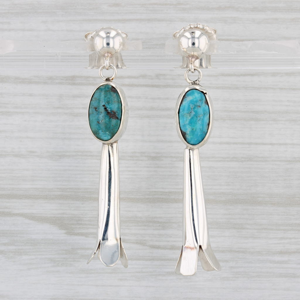 Light Gray Native American Squash Blossom Turquoise Dangle Earrings Sterling Silver Vintage