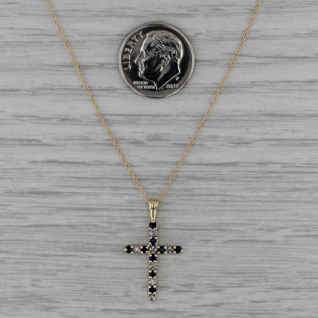 0.22ctw Sapphire Diamond Cross Pendant Necklace 10k Yellow Gold 18" Rope Chain