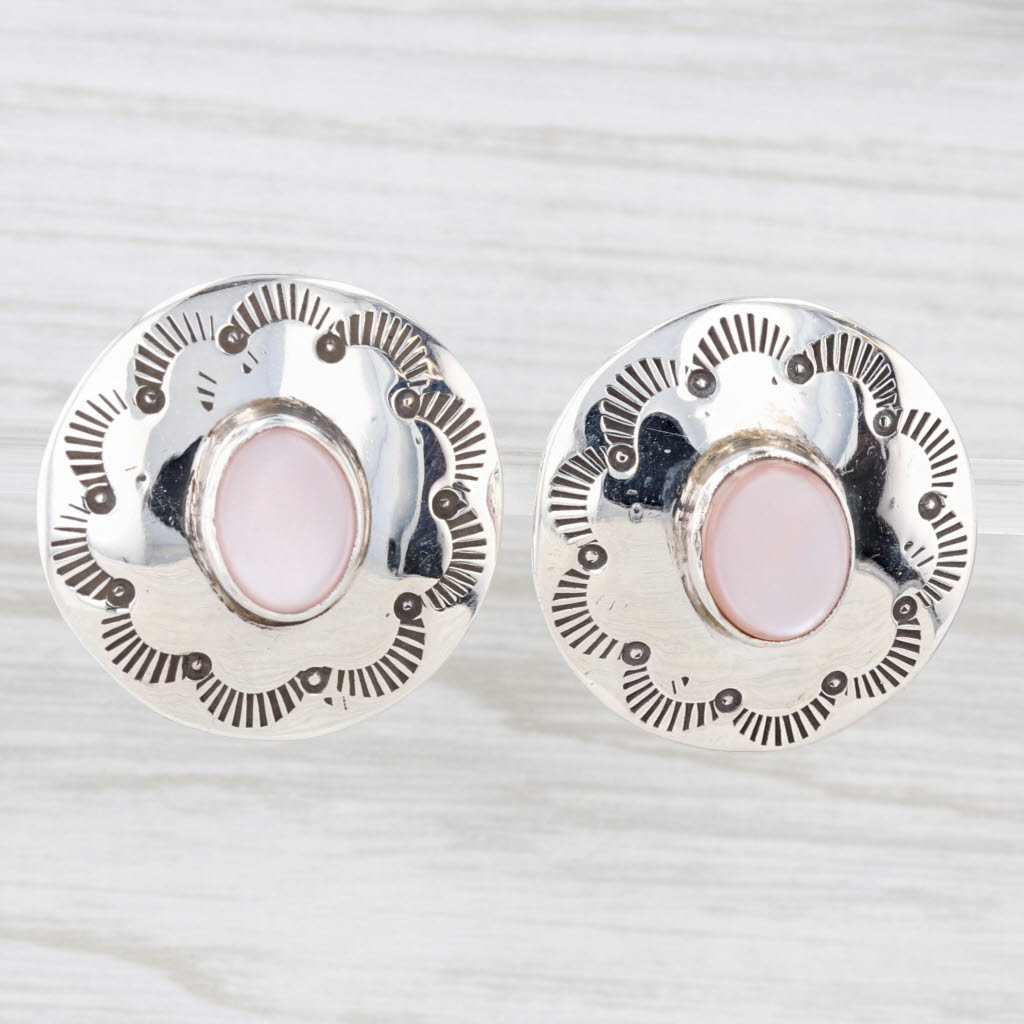 Light Gray Pink Mother of Pearl Stamped Pattern Silver Button Earrings Sterling Silver