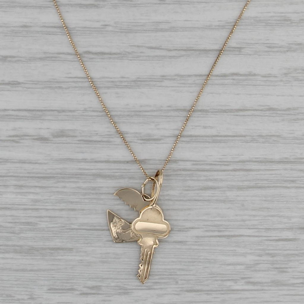 Heart & Key Pendant Necklace 14k Yellow Gold 17" Box Chain