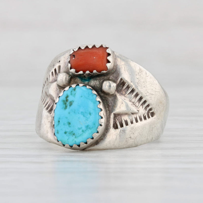 Native American Turquoise Coral Ring Sterling Silver Sz 8 Vintage Artisan Signed