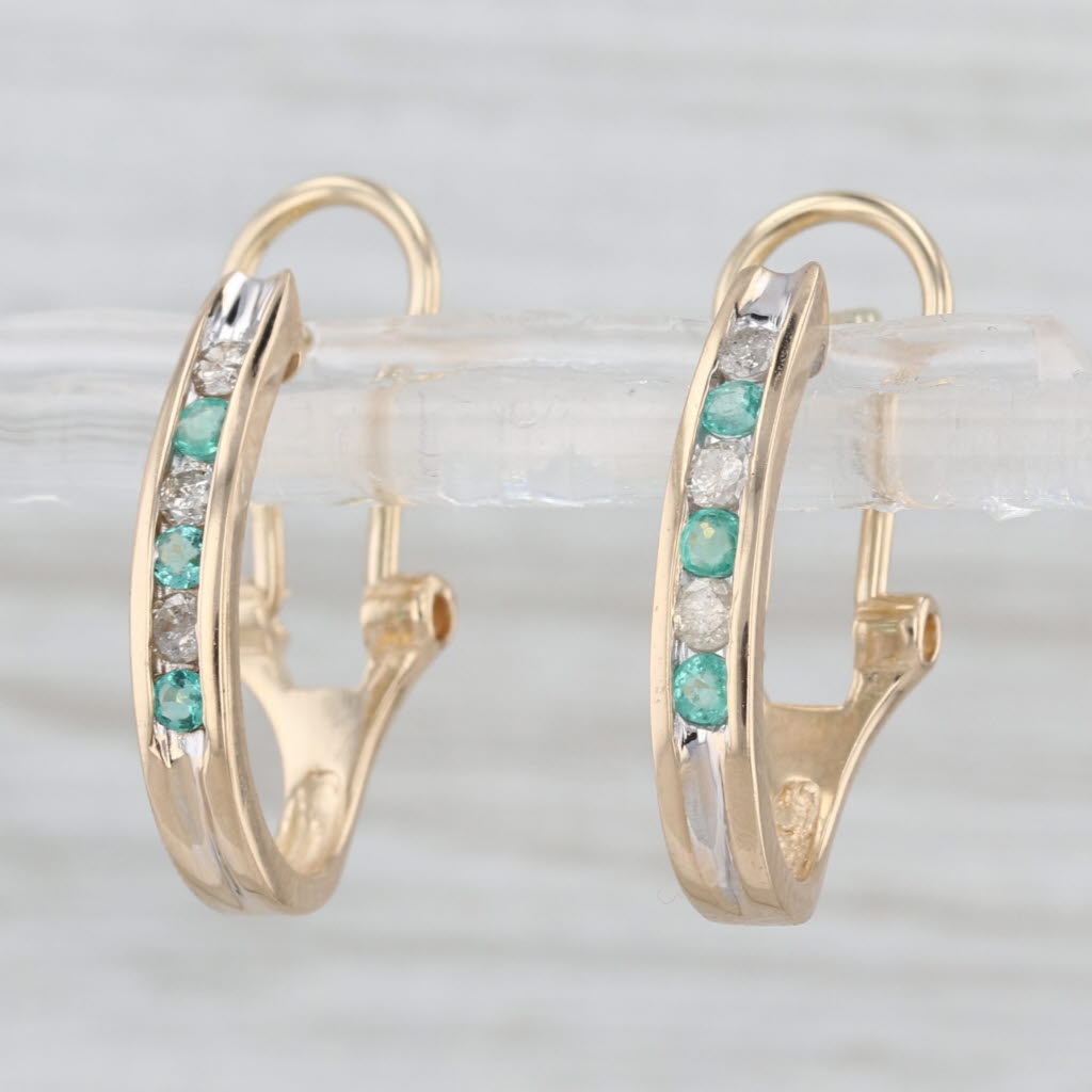 0.40ctw Diamond Emerald J-Hook Earrings 14k Yellow Gold Omega Backs