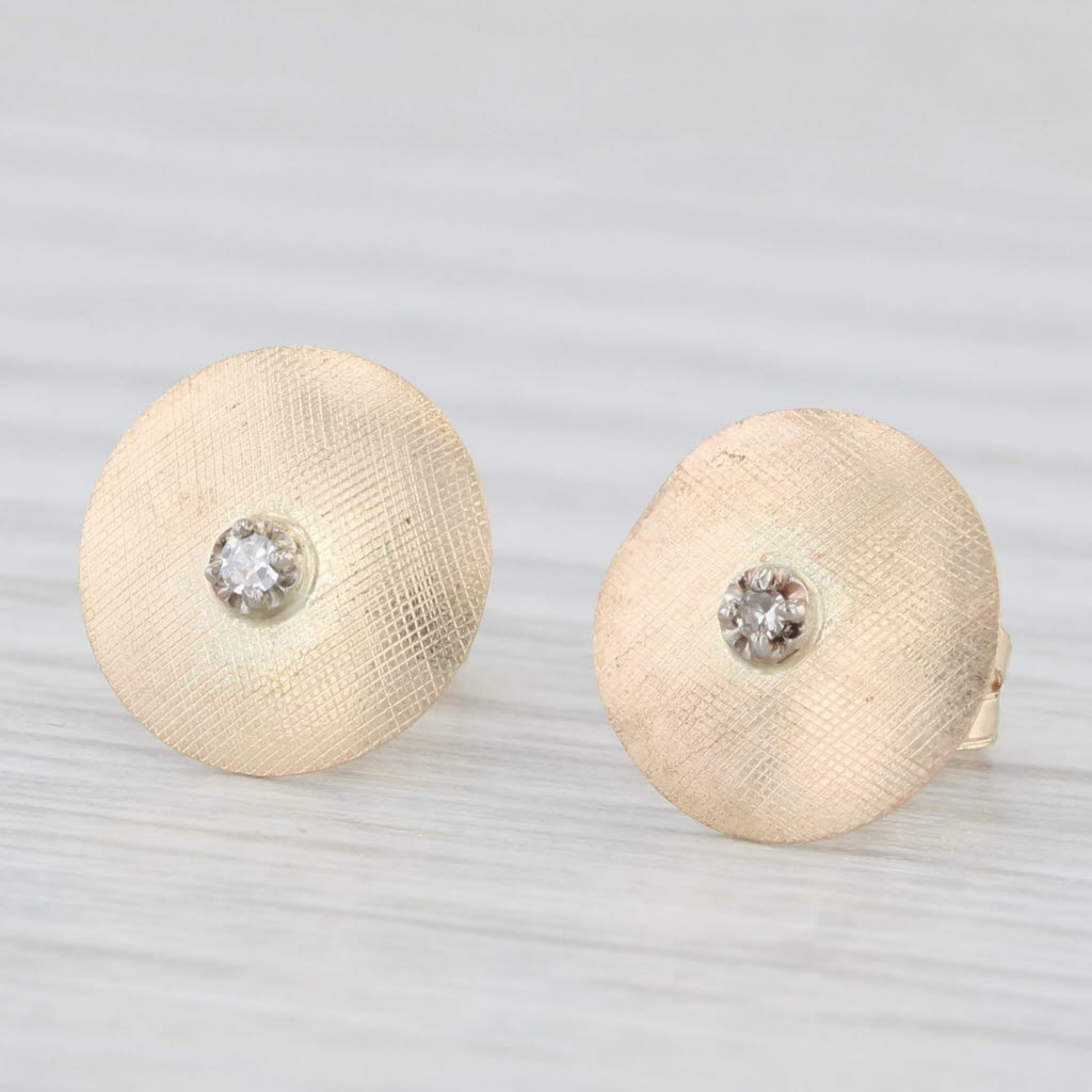 Light Gray Diamond Solitaire 14k Brushed Yellow Gold Button Stud Earrings