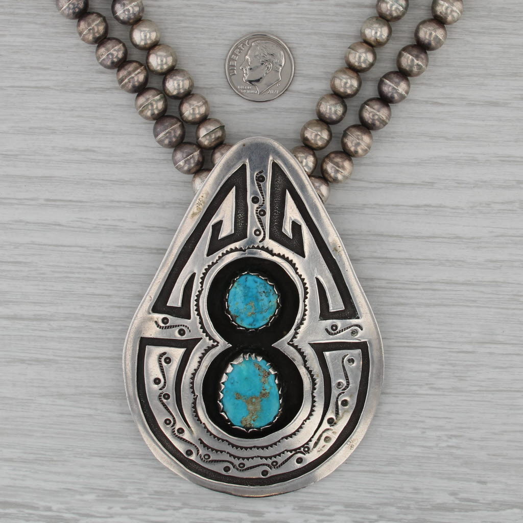 Turquoise Tribal Pendant Bead Necklace Sterling Silver Native American