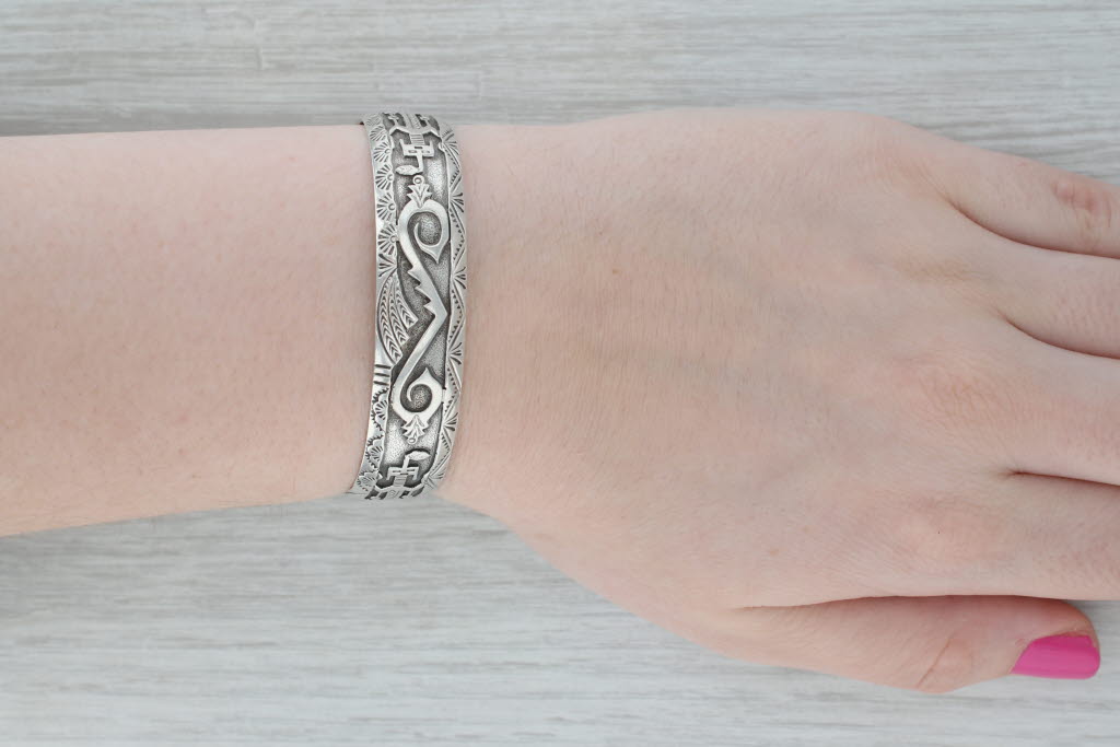 Dark Gray Vintage Native American Cuff Bracelet Sterling Silver Tribal Designs 7"