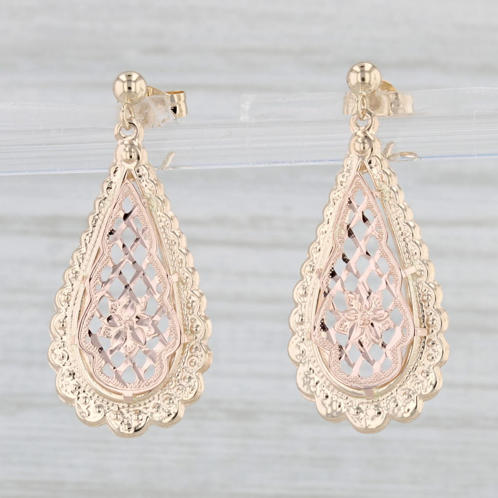 Light Gray Floral Lattice Work Teardrop Earrings 14k Yellow Rose Gold Pierced Drops