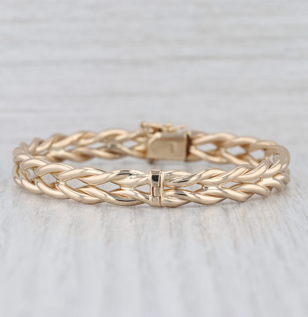 Woven Bangle Bracelet 14k Yellow Gold 7" 7.7mm Hinged Snap Clasp