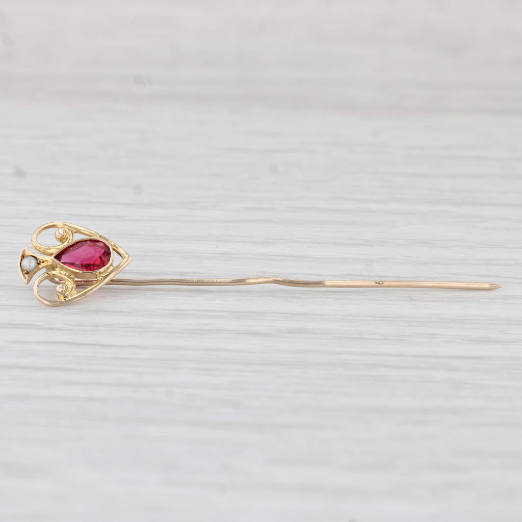 Light Gray Simulated Pearl Ruby Glass Stickpin 10k Yellow Gold Antique Pin