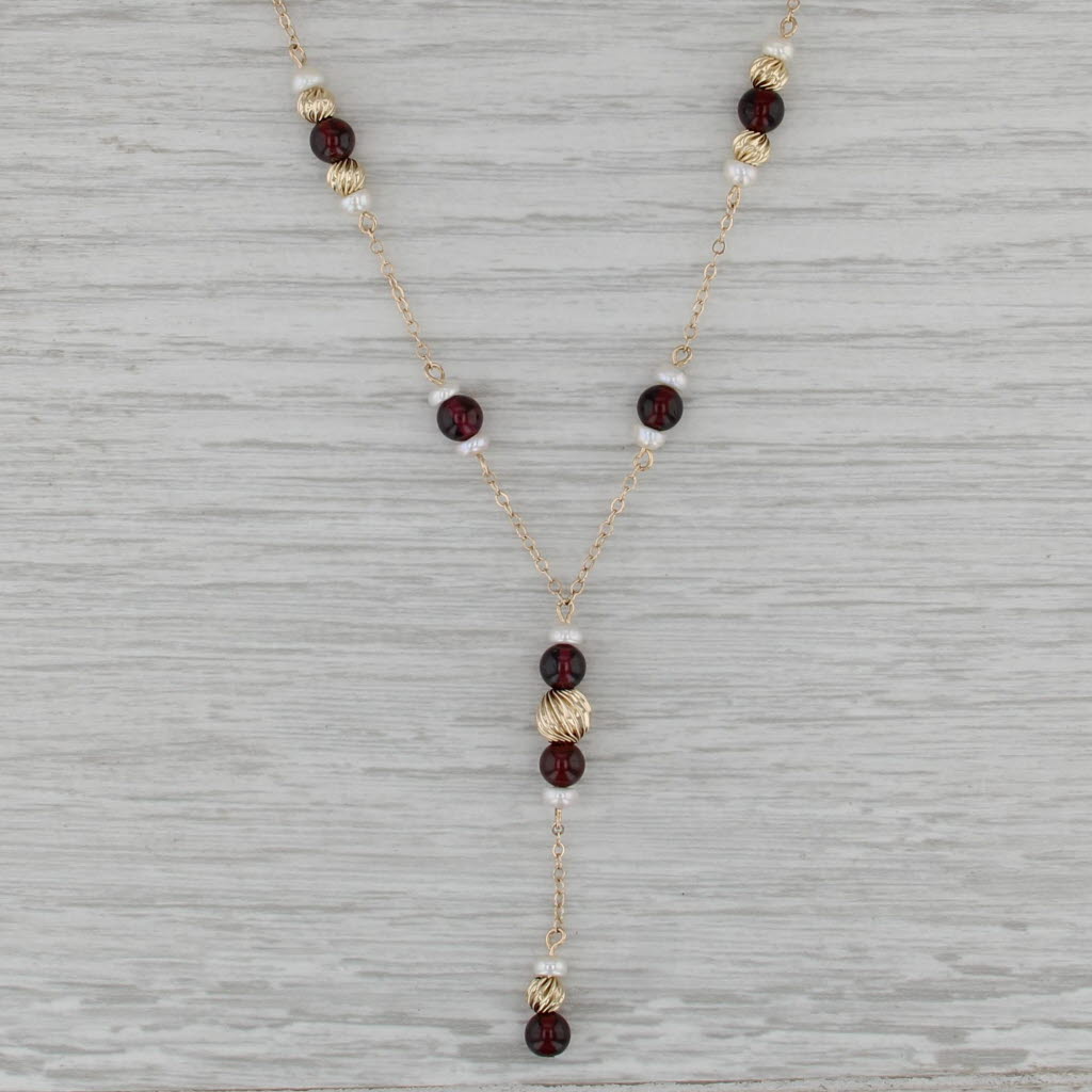 Culture Pearl Garnet Bead Lariat Necklace 14k Yellow Gold 17" Bead Cable Chain