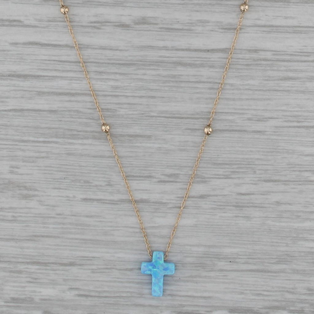 Carved Lab Created Opal Cross Pendant Necklace 14k Gold Bead Stations 16.25"