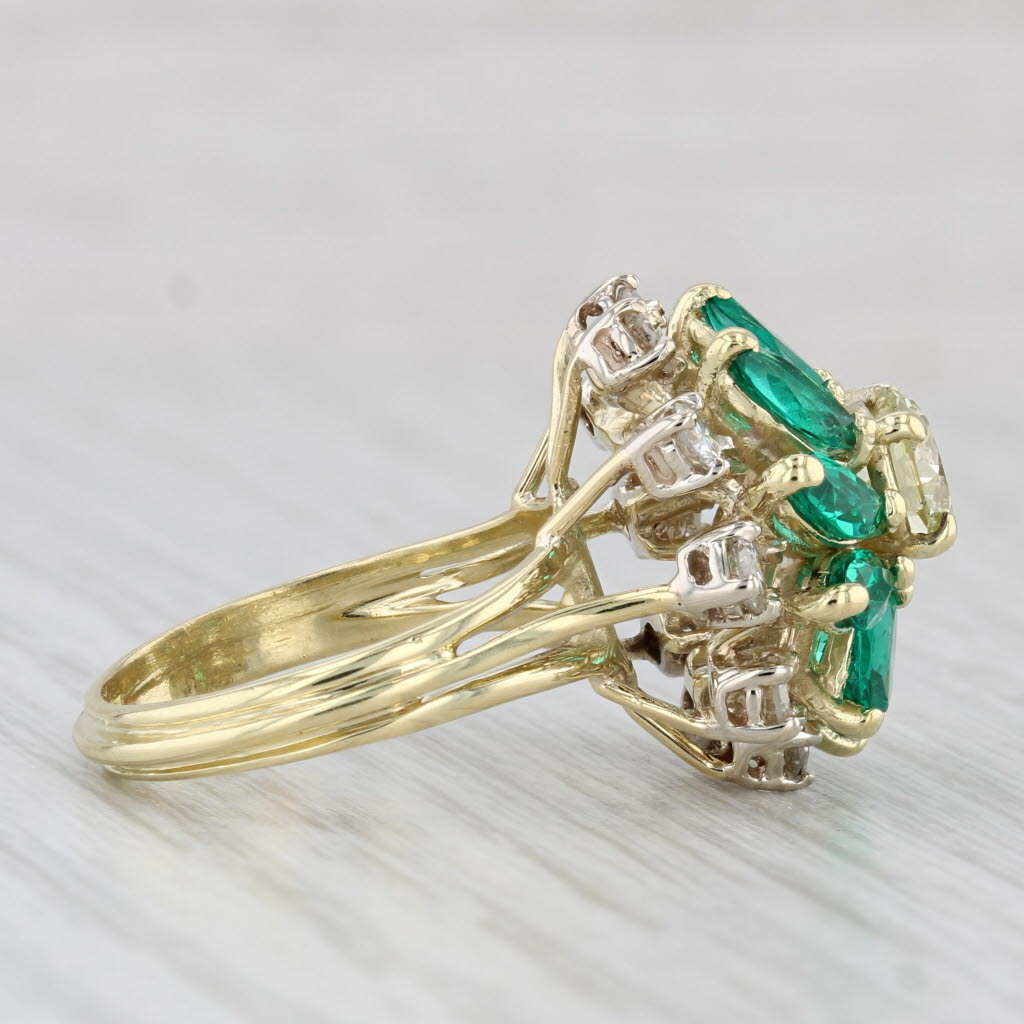 Light Gray 3.59ctw Lab Created Emerald Diamond Flower Ring 18k Gold Vintage Cocktail Sz 6.5