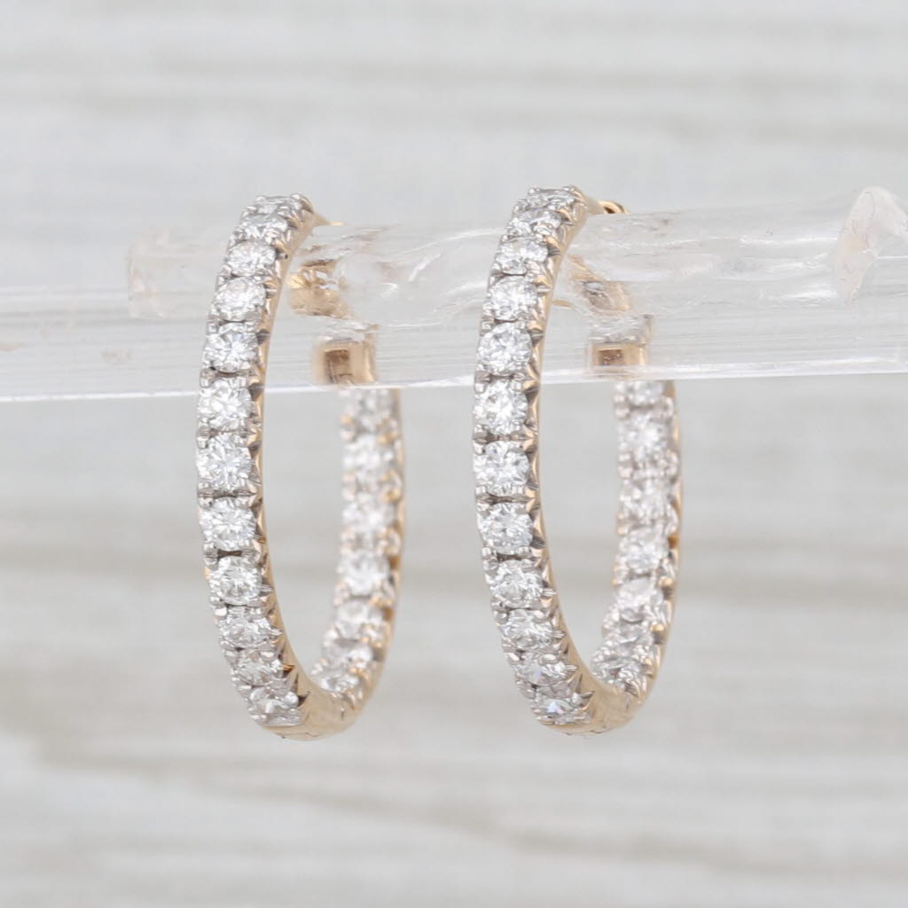 1.05ctw Diamond Inside Out Hoop Earrings 14k Yellow Gold Hinged Round Hoops