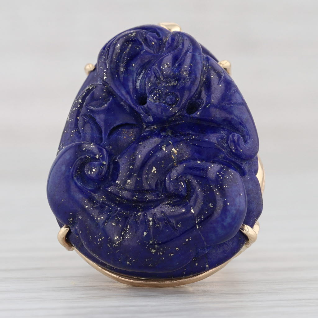 Light Gray Figural Carved Lapis Lazuli Ring 14k Gold Thai Fire god Asian deity Size 7.5