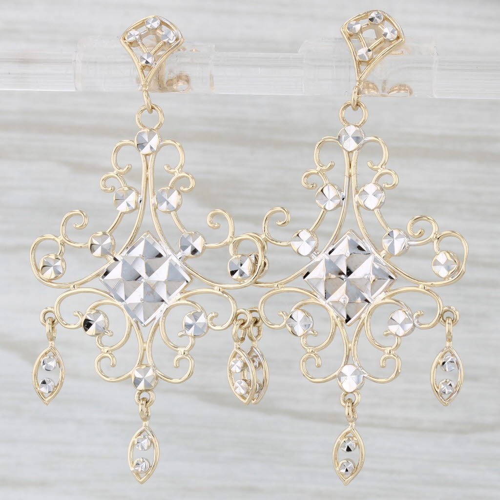 Light Gray Ornate Dangle chandelier Earrings 14k Yellow White Gold Fringe