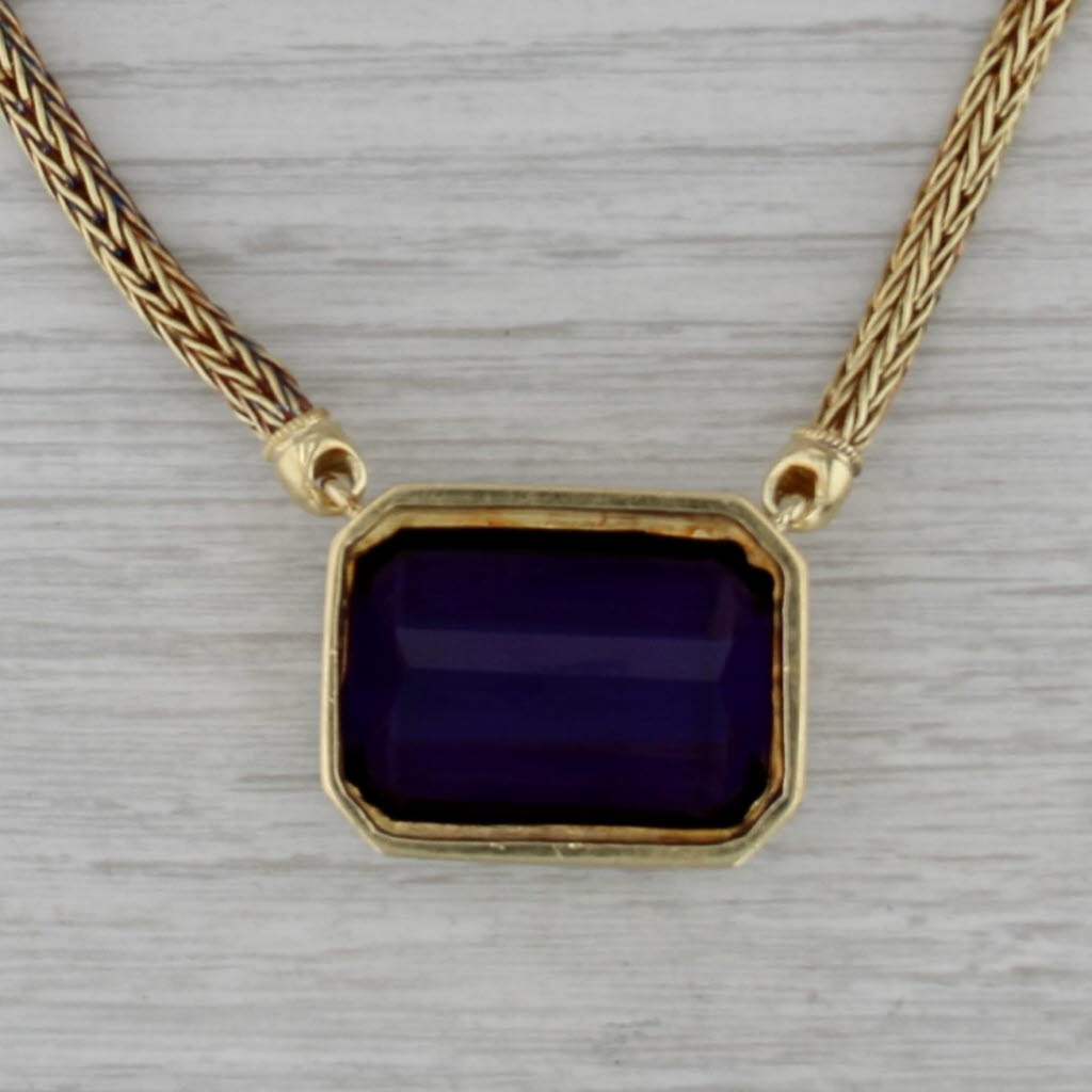 46.40ct Large Amethyst Pendant Necklace 18k Yellow Gold 19" Wheat Chain