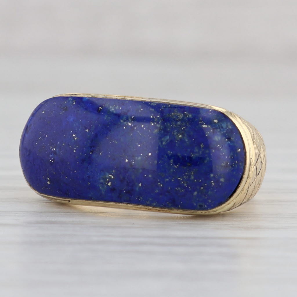 Gray Blue Lapis Lazuli Saddle Ring 18k Yellow Gold Size 7.25 Oval Cabochon